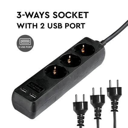 V-TAC VT-1125-5 3 Wegs verlengstekkerdozen - USB - Zwart - IP20 - 5 m draad 2