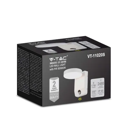 V-TAC VT-11020S-RD-W Draaibare LED wandlamp met Sensor - IP65 - Wit - 17W - 2520 Lumen - 4000K 4