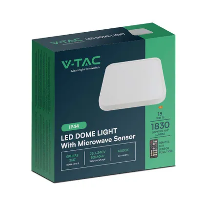 V-TAC VT-8618SW-SQ LED vierkante plafonnière met sensor - 225mm - IP44 - Wit - 18W - 1800 Lumen - 10