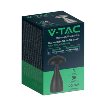 V-TAC VT-1041-B Zwarte oplaadbare tafellamp - IP20 - 1W - 55 Lumen - 3IN1 9