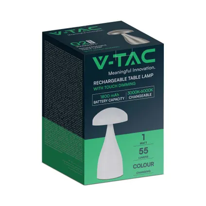 V-TAC VT-1041-W Witte Oplaadbare tafellamp - IP20 - 1W - 55 Lumen - 3IN1 8