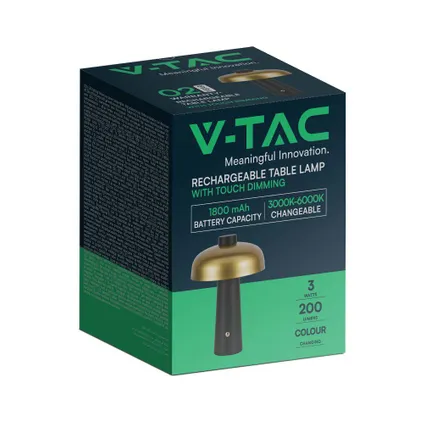 V-TAC VT-1050 Oplaadbare tafellamp - Gelakt - Goud+Zwart - IP20 - 3W - 200 Lumen - 3IN1 8