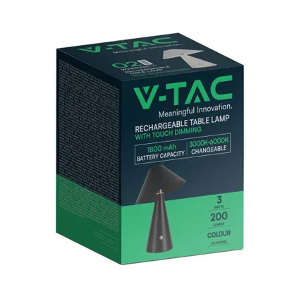 V-TAC VT-1051-B Zwarte oplaadbare tafellamp - IP20 - 3W - 200 Lumen - 3IN1 8