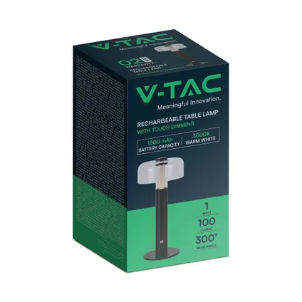 V-TAC VT-1049-B Zwarte oplaadbare tafellamp - IP20 - 1W - 100 Lumen - 3000K 8