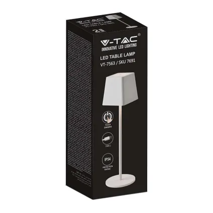 V-TAC VT-7563-W Oplaadbare tafellamp - IP54 - Wit - 2W- 200 Lumen - 3000K 5