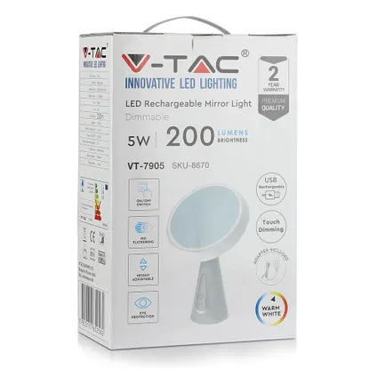Lampe de miroir V-TAC VT-7905 - Lampe LED rechargeable par USB avec variateur tactile - Adaptateur de prise 6