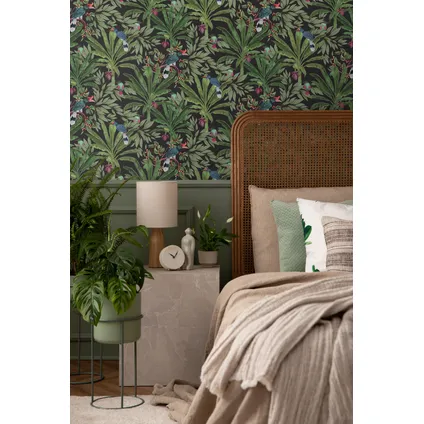 Walls4You papier peint feuilles de la jungle tropicale et oiseaux de paradis noir et vert 3