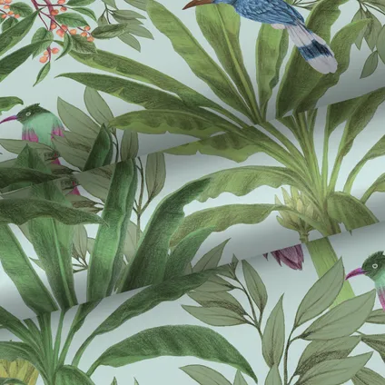Walls4You behangpapier tropische jungle bladeren en paradijsvogels mintgroen en groen 6