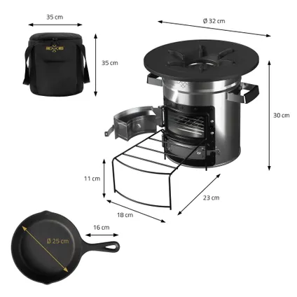 BBQ#BOSS rocket cooker met grillpan, draagtas, zilver, + 3-delige gietijzeren pannenset 8