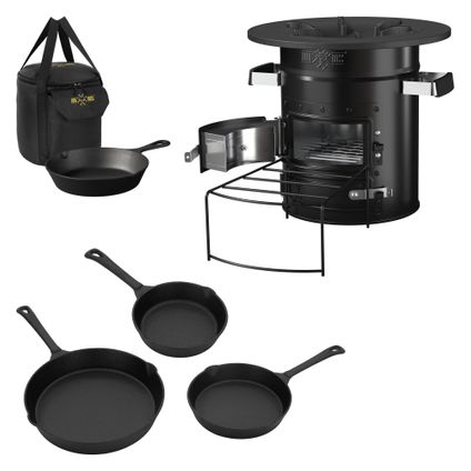 BBQ#BOSS rocket cooker met grillpan, draagtas, zwart, + 3-delige gietijzeren pannenset