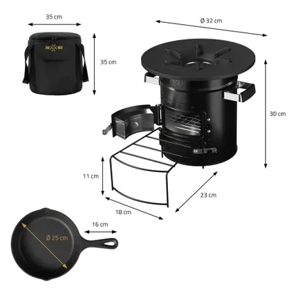 BBQ#BOSS rocket cooker met grillpan, draagtas, zwart, + 3-delige gietijzeren pannenset 8