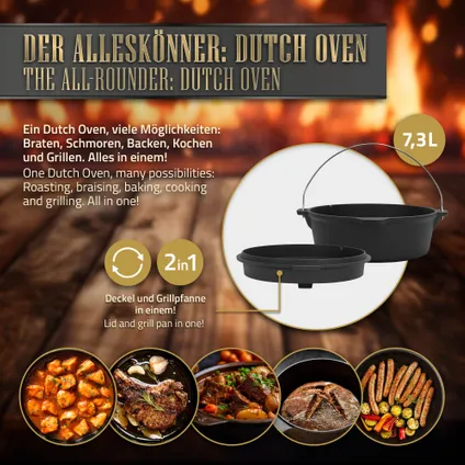 BBQ#BOSS Dutch Oven Set BBQ 7,3L, gebakken gietijzeren vuurpot kookpot 6