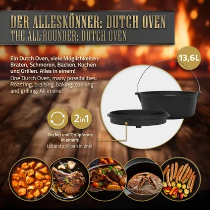 BBQ#BOSS Dutch Oven Set BBQ 13,6L, gebakken gietijzeren vuurpot kookpot met dekselheffer 6