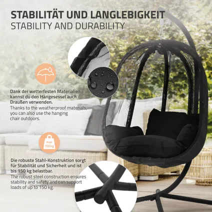 Fauteuil suspendu ML-Design noir chaise hamac avec coussins d'assise support acier 150 kg 3