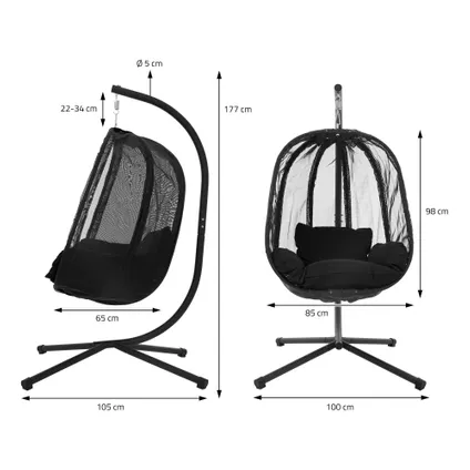 Fauteuil suspendu ML-Design noir chaise hamac avec coussins d'assise support acier 150 kg 7