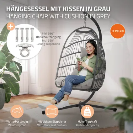 Chaise suspendue ML-Design fauteuil œuf balancelle avec coussin intérieur/extérieur gris 2