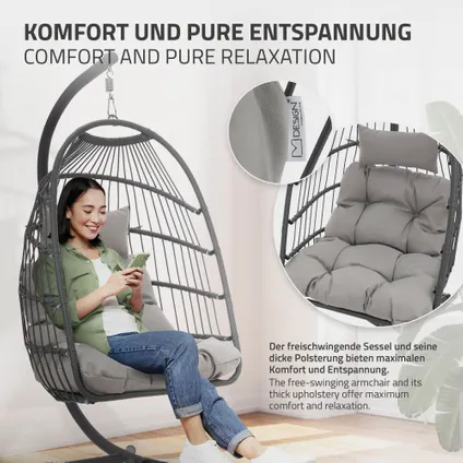 Chaise suspendue ML-Design fauteuil œuf balancelle avec coussin intérieur/extérieur gris 6