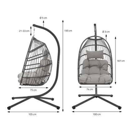 Chaise suspendue ML-Design fauteuil œuf balancelle avec coussin intérieur/extérieur gris 8