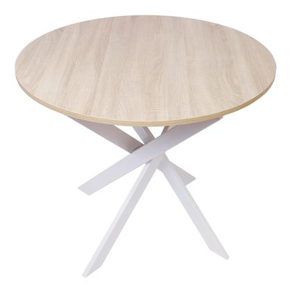 Table ronde fixe, Skraut Home, 90x90x77 cm, Couleur chêne, Pieds métalliques blanc laqué mat