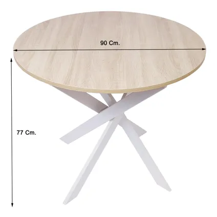 Table ronde fixe, Skraut Home, 90x90x77 cm, Couleur chêne, Pieds métalliques blanc laqué mat 2
