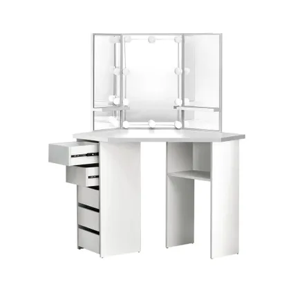 Coiffeuse ML-Design Moderne Blanc 110x141,5x54 cm avec Éclairage LED, 3 Miroirs, 5 Tiroirs 3