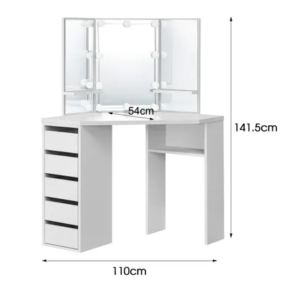 Coiffeuse ML-Design Moderne Blanc 110x141,5x54 cm avec Éclairage LED, 3 Miroirs, 5 Tiroirs 5