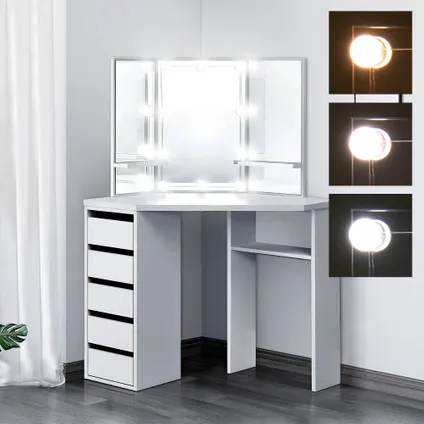 Coiffeuse ML-Design Moderne Blanc 110x141,5x54 cm avec Éclairage LED, 3 Miroirs, 5 Tiroirs 6
