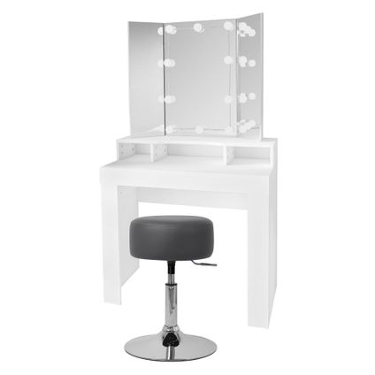 ML-Design Kaptafel Wit met LED verlichting, spiegel 3-delig inklapbaar, krukje donkergrijs