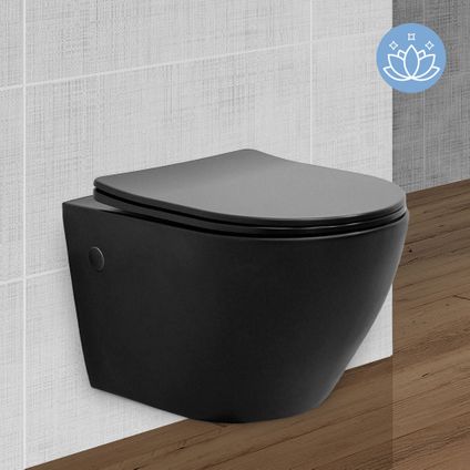 ECD Germany Keramiek Mat Zwart Randloos Hangend WC, Nano, 52 cm lang, Zitting Softclose