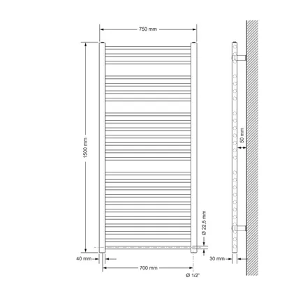 LuxeBath Sahara 750x1500 mm mat zwart rechte badkamer radiator met zijaansluiting 4
