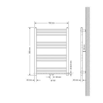 LuxeBath Sahara 750x800 mm mat zwart rechte badkamer radiator met centrale aansluiting 4