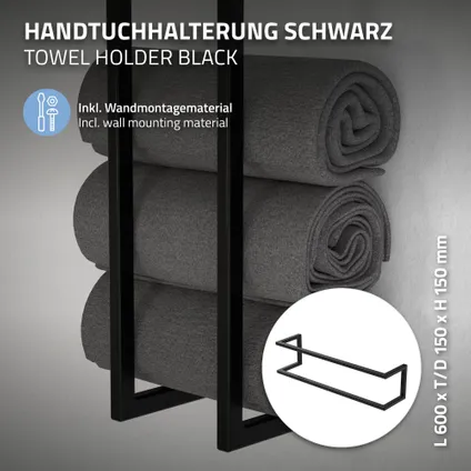 Porte-serviettes ML-Design, acier, 15 x 15 x 60 cm, noir, étagère à serviettes 3