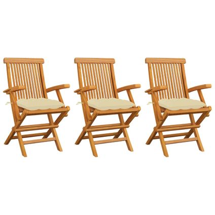 The Living Store - Teck - Chaises de jardin avec coussins blanc crème 3 pcs - TLS306253