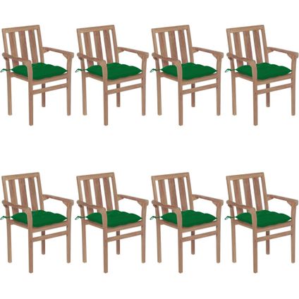 The Living Store - Bois - Chaises de jardin empilables avec coussins 8 pcs Teck - Vert
