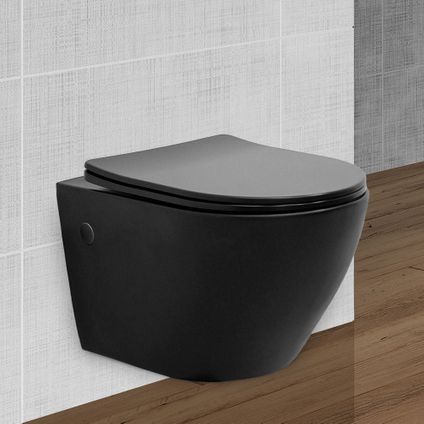 Toilette Suspendu ECD Germany sans Rebord, Noir Mat, avec Siège WC Amovible en Duroplast