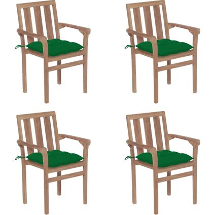 The Living Store - Bois - Chaises de jardin empilables avec coussins 4 pcs Teck - Vert