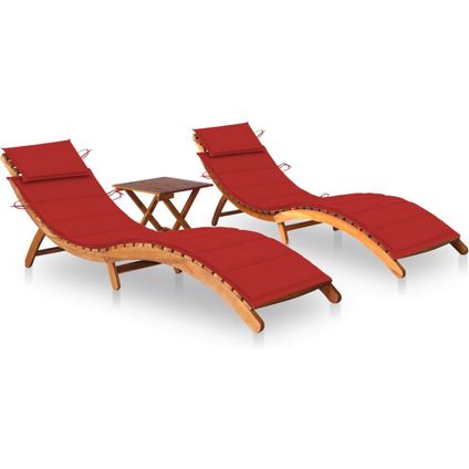 The Living Store - Bois d'acacia - Chaises longues 2 pcs avec table et coussins - Rouge