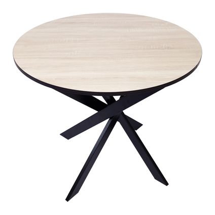 Table ronde fixe, Skraut Home, 90x90x77 cm, Couleur chêne et noir, Pieds métalliques noir laqué mat