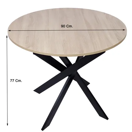Table ronde fixe, Skraut Home, 90x90x77cm, Couleur chêne, Pieds métalliques noir laqué mat 2