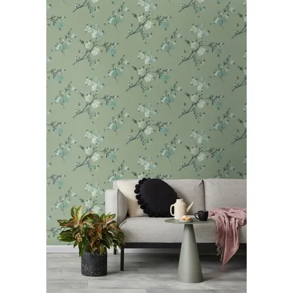 Walls4You eco-texture vliesbehangpapier bloemmotief vergrijsd groen - 0,53 x 10,05 m 2