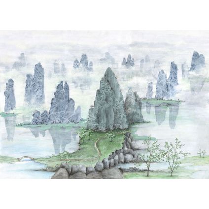Komar papier peint panoramique royaume des fées gris et vert - 3,50 x 2,50 m - 612799