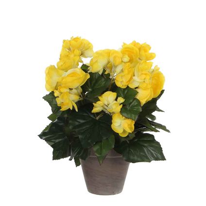 Mica Decorations Kunstplant - Begonia - geel - 30 cm - grijze pot