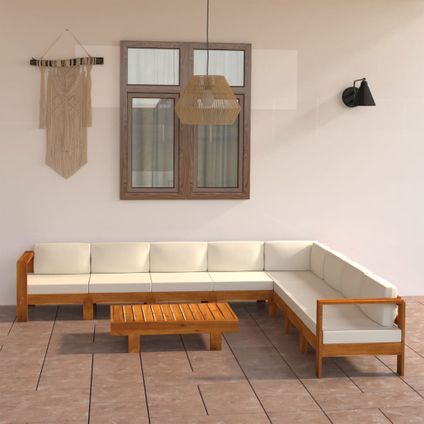 The Living Store - Bois d'acacia - Salon de jardin 9 pcs avec coussins blanc - TLS305794