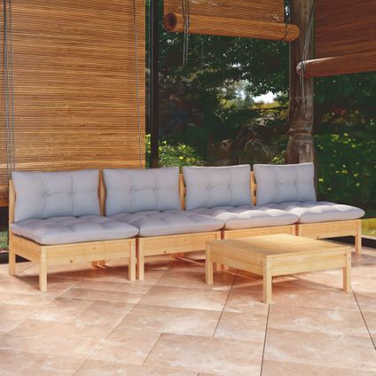 The Living Store - Bois - Salon de jardin 5 pcs avec coussins gris bois de pin - TLS309612