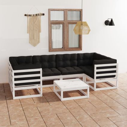 The Living Store - Bois - Salon de jardin 7 pcs avec coussins blanc bois de pin - TLS307730