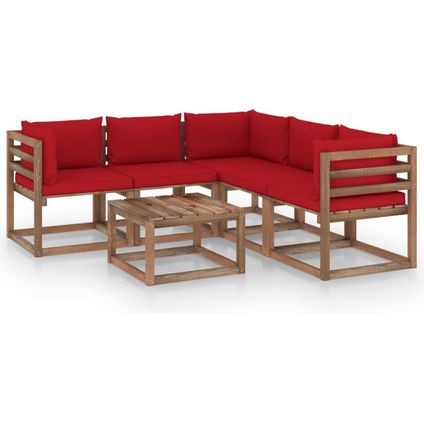 The Living Store - Hout - 6-delige Loungeset met rode kussens geïmpregneerd - TLS306742
