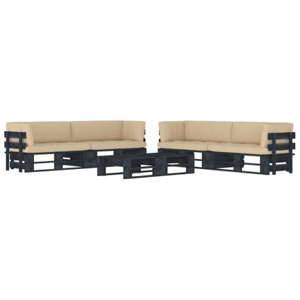 The Living Store - Hout - 6-delige Loungeset pallet met kussens zwart - TLS306701