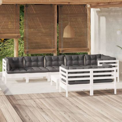 The Living Store - Bois - Salon de jardin 9 pcs avec coussins blanc bois de pin - TLS309650