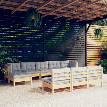 The Living Store - Bois - Salon de jardin 10 pcs avec coussins gris bois de pin - TLS309711