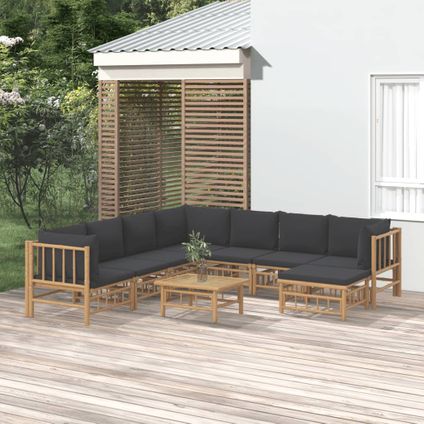The Living Store - Bambou - Salon de jardin 9 pcs avec coussins gris foncé - TLS315522
